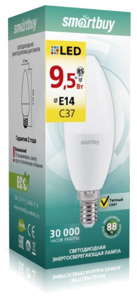 Лампа светодиодная (LED) Smartbuy-C37-9,5W/3000/Е14 в #REGION_NAME_DECLINE_PP# - изображение Изображение: лампа светодиодная (led) smartbuy-c37-9,5w/3000/е14 в #REGION_NAME_DECLINE_PP#