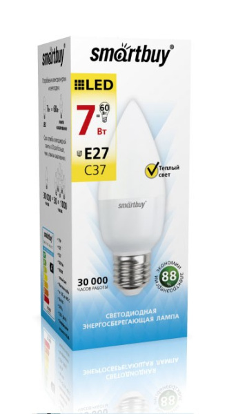 Лампа светодиодная (LED) Smartbuy-C37-07W/3000/E27  в #REGION_NAME_DECLINE_PP# - изображение Изображение: лампа светодиодная (led) smartbuy-c37-07w/3000/e27  в #REGION_NAME_DECLINE_PP#