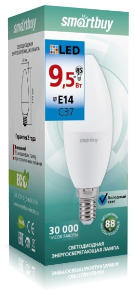 Изображение: лампа светодиодная (led) smartbuy-c37-9,5w/6000/е14 в Минске