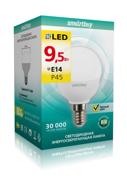 Изображение: светодиодная (led) лампа smartbuy-p45-9,5w/3000/e14 (sbl-p45-9_5-30k-e14)/100 в Минске