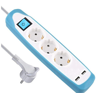 Картинка: удлинитель 3р кабель пвс 3g1,0 мм 2м с двумя usb разъемами белый/голубой в Минске